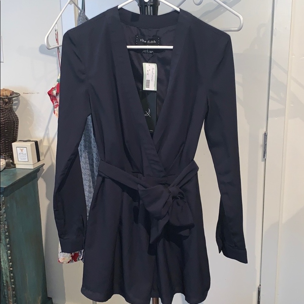 Long sleeve, wrap front, navy romper. The Fifth.